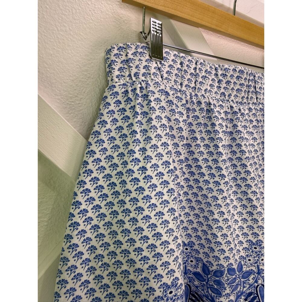 Tommy Bahama Linen Skirt Blue White Floral Border Print Elastic Waist Sz Small - Picture 2 of 8